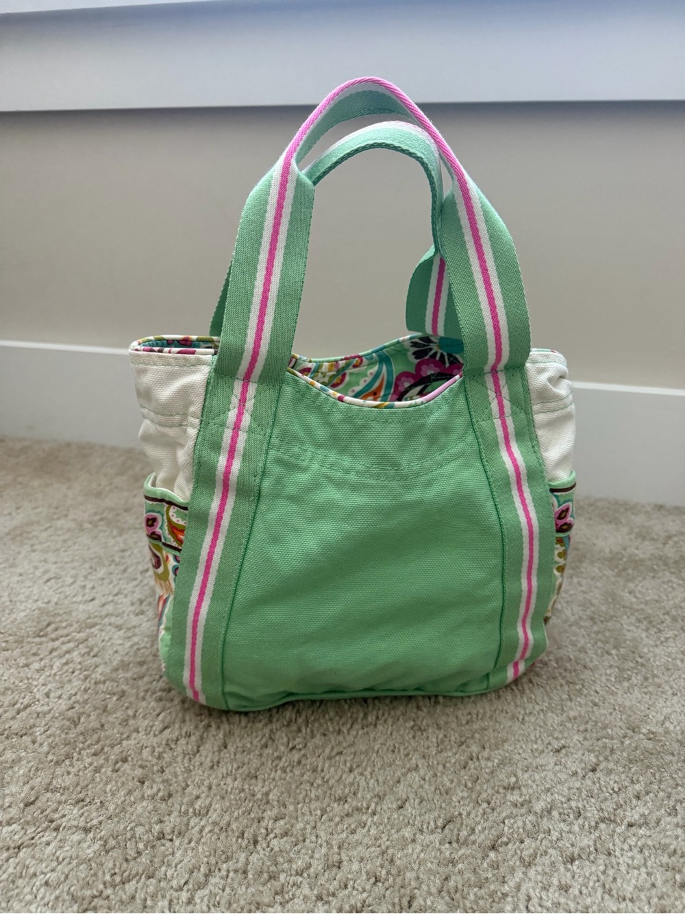 Vera Bradley Green Canvas Tote Bag with Pink Trim